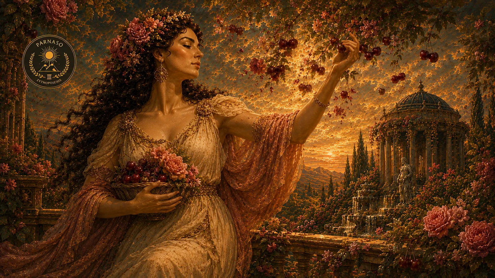 Cloris con un cesto de cerezas y flores